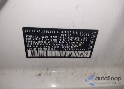 2023 Volkswagen Jetta 1.5T S из США, поврежденный, VIN 3VW5M7BU9PM039905